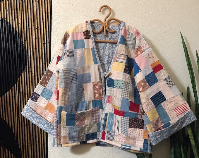Featured listing image: Vintage Quilt Coat: Patchwork Feed Sack Quilt, Handmade by The Lovey Dovies | M/L