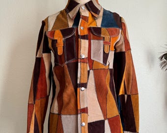 Rare 1970s Vintage Suede Leather Patchwork Jacket | S