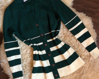 Vintage 1970s Roncelli Knit Green & White Striped V-Neck Cardigan | S