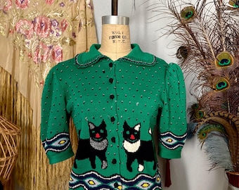 Vintage 1980s Hand Knit Cat Sweater by Cullinane | M-L
