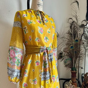 1970s Floral Cotton Voile Maxi Dress: Yellow Boho Prairie Style (S/M)
