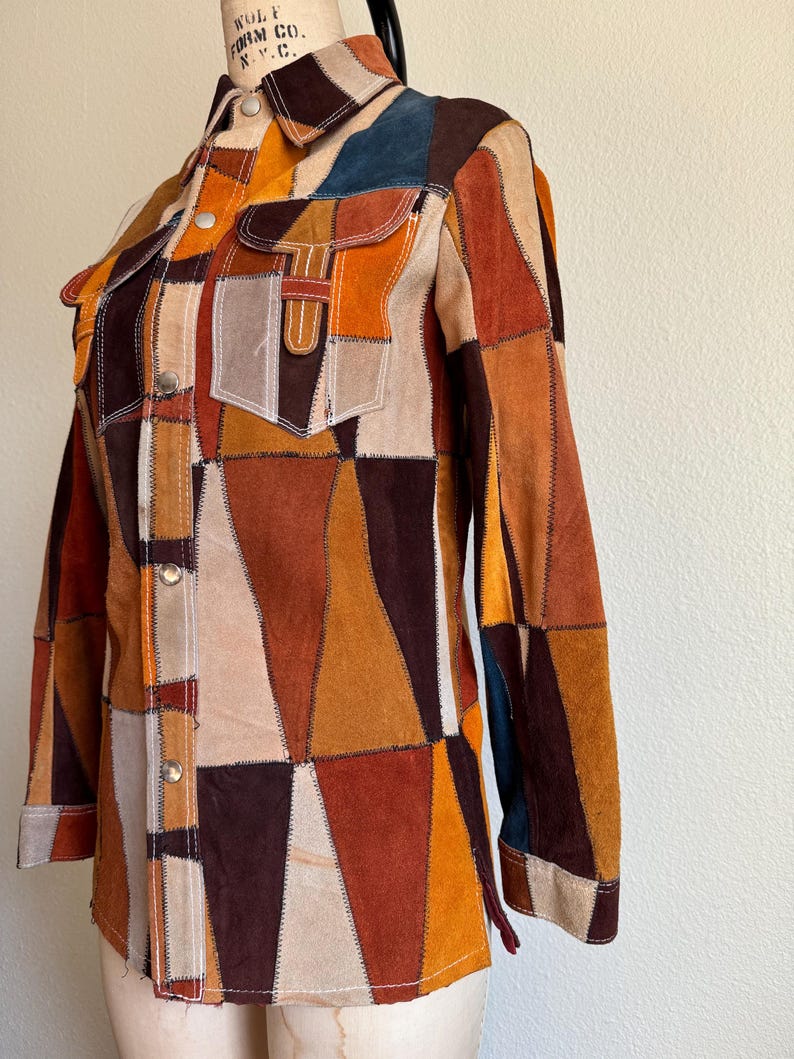 Rare 1970s Vintage Suede Leather Patchwork Jacket | S imagem 6