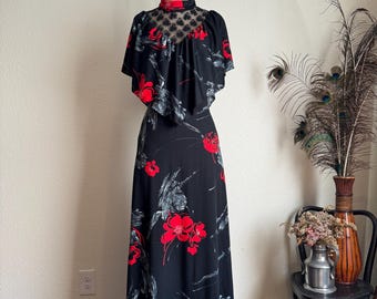 Vintage 1970s Dark Romance Black w/ Red Rose Floral Maxi Dress, Lace Cut-Out Neckline, Waterfall Bodice  | L