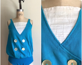 Vintage 1950s Blue Maternity One-Piece Swimsuit by Chas. L. Lewis Inc. of Hollywood | S-M