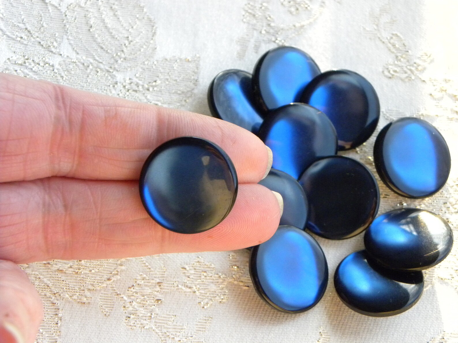 Moonglow Buttons Peacock Blue Sapphire, 21mm 18mm Round TWO Vintage Buttons 1950 Shirt Button