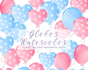 Globos watercolor clipart, Globos efecto acuarela, Clipart acuarelas, Globos de fiesta, PNG fondo transparente, descarga inmedita