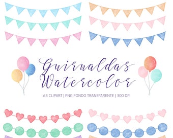 Watercolor Bunting Clipart, Watercolor Pennants, Watercolor Garlands, Watercolor Birthday Clipart, Transparent PNG, Instant Download