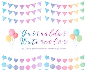 Watercolor Bunting Clipart, Watercolor Pennants, Watercolor clipart, Watercolor Birthday Clipart, Transparent PNG, banner clipart