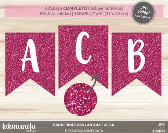 Fuchsia glitter pennants banner with white letters to decorate your events, INSTANT DOWNLOAD Banner, Printable banner