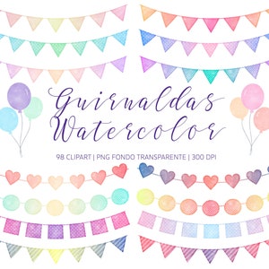 Aquarell Bunting Clipart, Aquarell Wimpel, Aquarell Girlanden, Aquarell Clipart, PNG transparenten Hintergrund, Aquarell Clipart