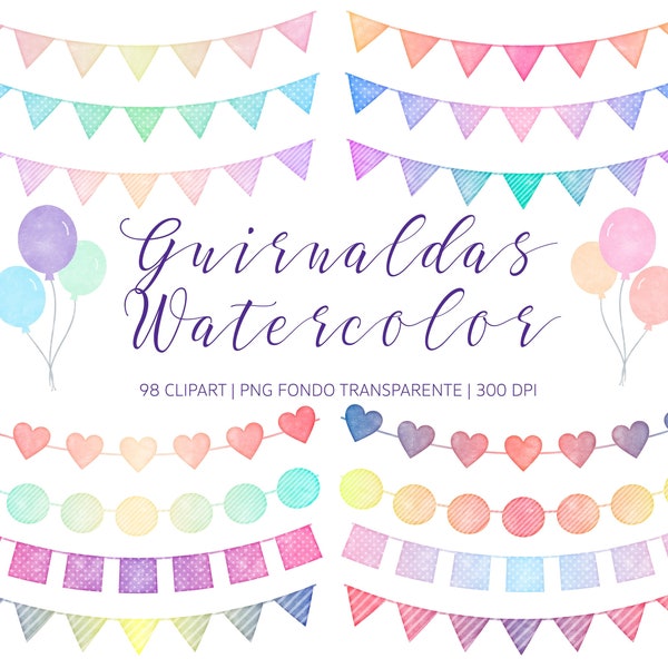 Watercolor Bunting Clipart, Watercolor Pennants, Watercolor clipart, Watercolor Birthday Clipart, Transparent PNG, banner clipart