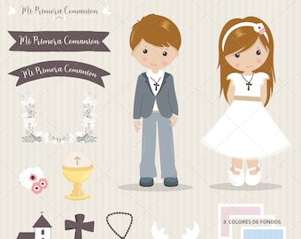 May include: A set of 15 digital clipart images for first communion. The images include a boy and girl dressed in communion attire, a church, a chalice, a cross, a rosary, doves, and three background colors. The text "Mi Primera Comunión" is included in the image.