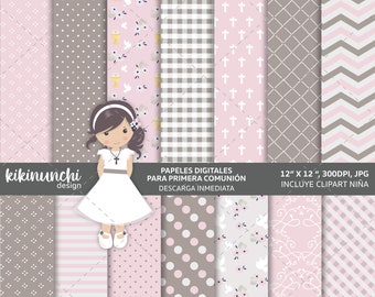 May include: A set of 12 digital papers for first communion, featuring a variety of patterns in pink and brown, including polka dots, stripes, gingham, and floral designs. The set also includes a clipart image of a girl in a white dress.