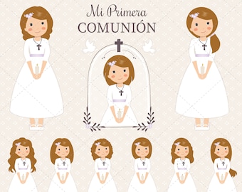 Könnte beinhalten: Ein Set mit 18 digitalen Illustrationen von Mädchen in weißen Kleidern, die Kerzen halten. Die Mädchen haben verschiedene Frisuren und sind in verschiedenen Posen. Der Text "Mi Primera Comunión" befindet sich oben im Bild. Der Text "KIT NIÑAS PRIMERA COMUNIÓN DESCARGA INMEDIATA" befindet sich unten im Bild. Der Text "18 PNG ELEMENTOS FONDO TRANSPARENTE 300DPI" befindet sich ebenfalls unten im Bild.