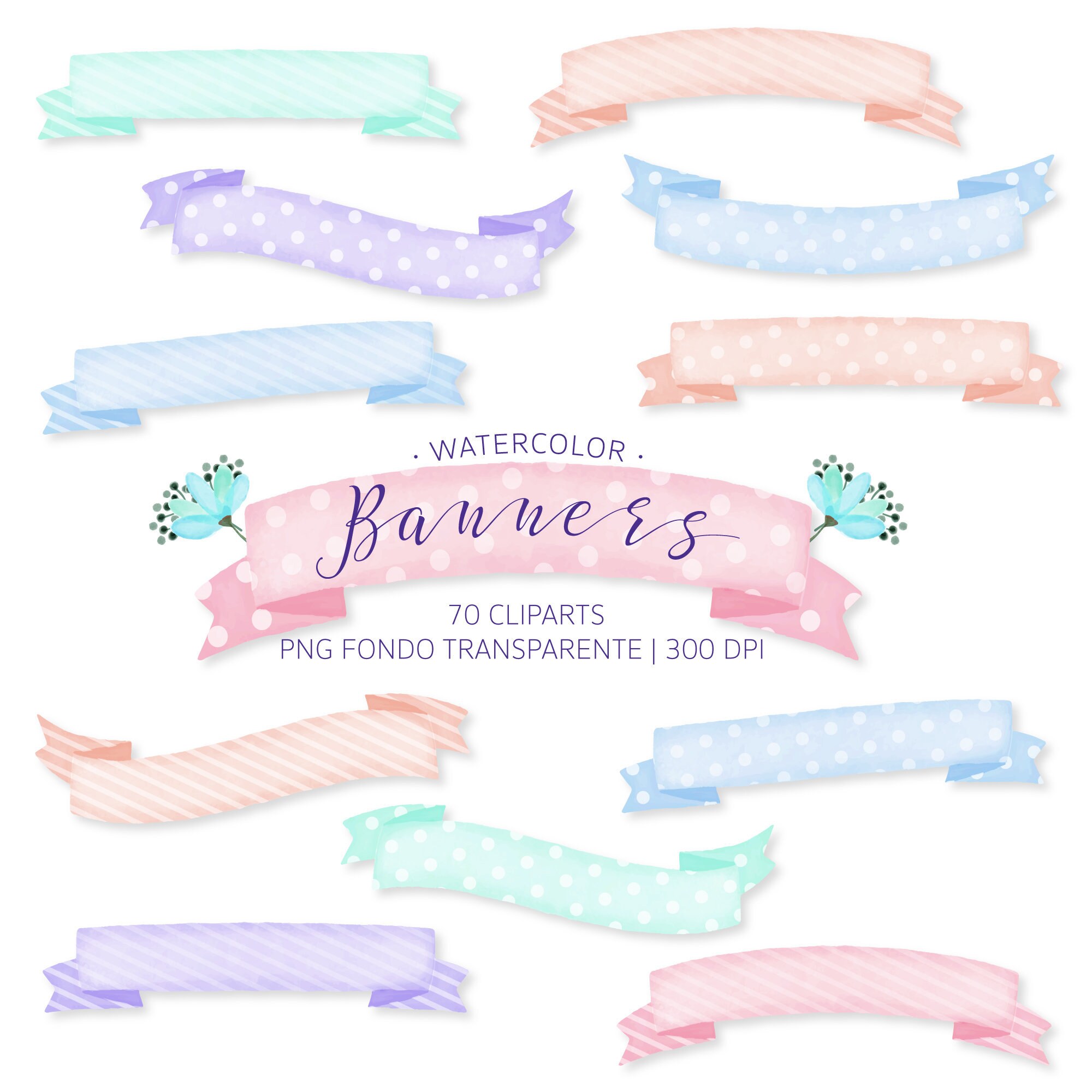 Watercolor Baners ribbons Clipart , high quality, watercolor effect, Digital Banners, transparent background