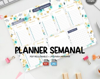 Floral weekly planner – printable A4 and US Letter + fillable PDF English and Spanish version