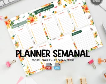 Floral weekly planner – printable A4 and US Letter + fillable PDF English and Spanish version