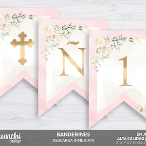 Banderines florales con letras efecto dorado para imprimir, Bautismo, Decoración, Primera Comunión, Bautizo, Confirmación, Archivo Digital