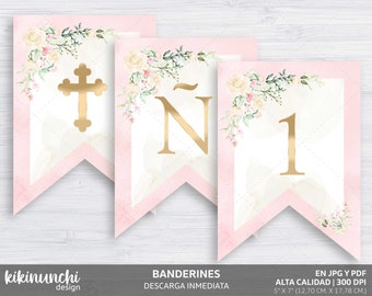 Banderines florales con letras efecto dorado para imprimir, Bautismo, Decoración, Primera Comunión, Bautizo, Confirmación, Archivo Digital