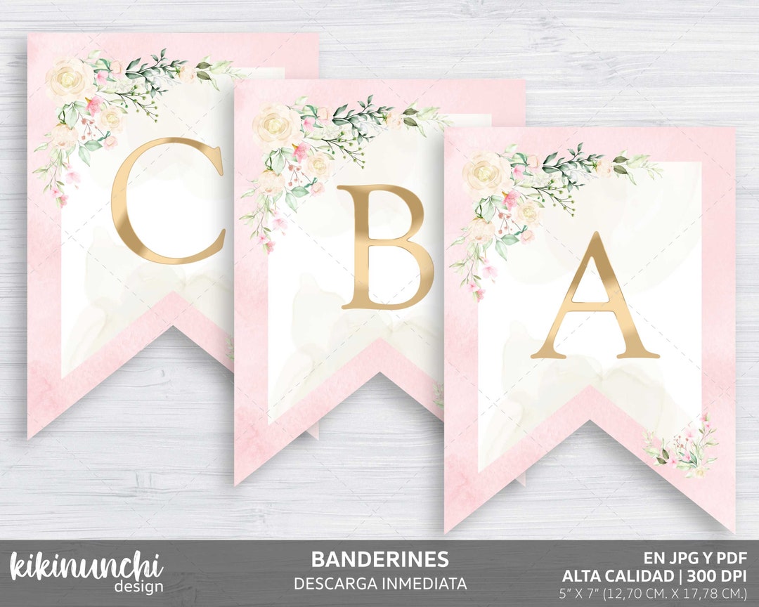 Letras De Bautizo Para Imprimir Banderines florales con letras efecto dorado para imprimir - Etsy España