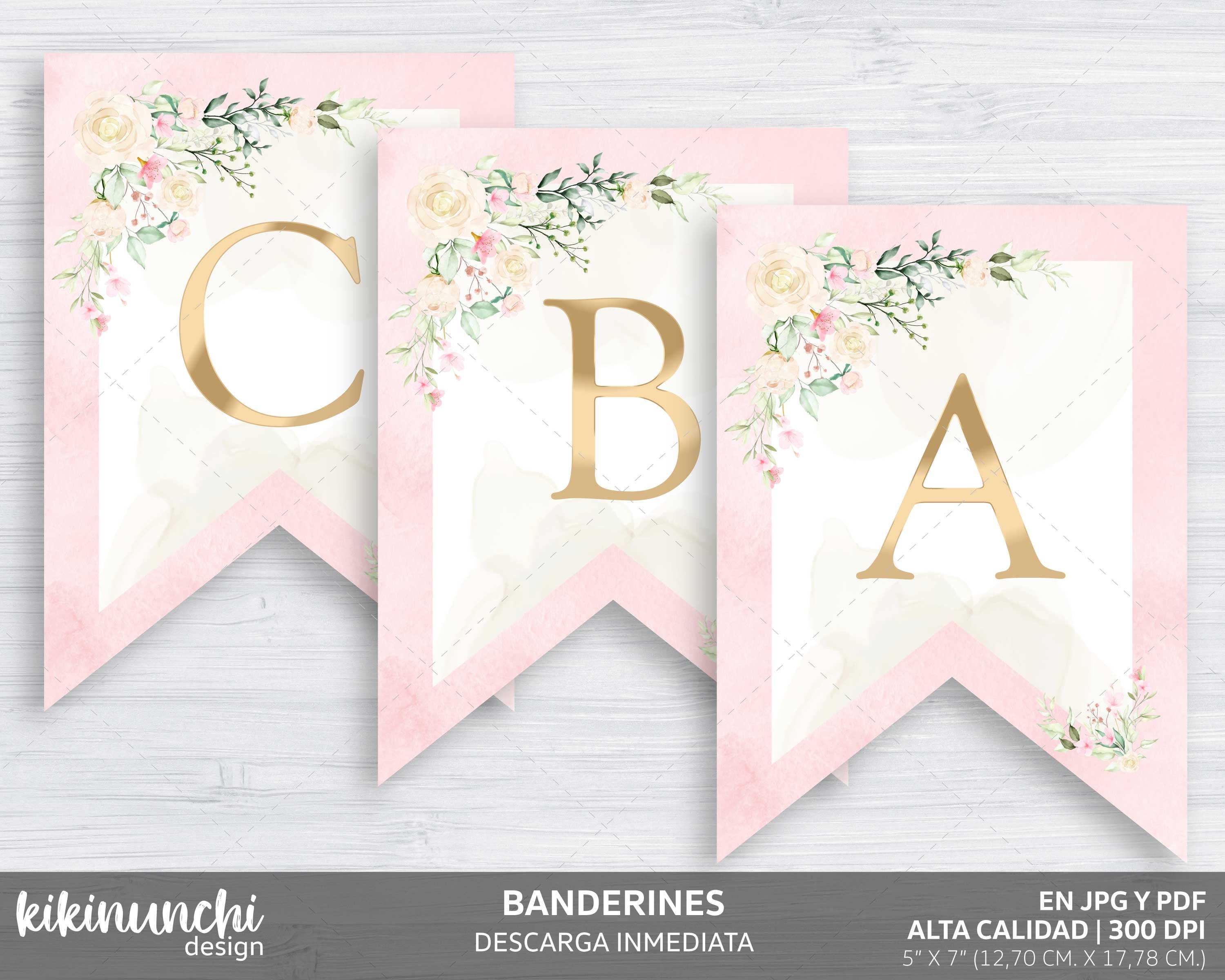 Letras De Mi Bautizo Para Imprimir Banderines florales con letras efecto dorado para imprimir - Etsy España