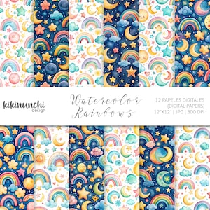 Digital watercolor rainbow papers, Watercolor Rainbow paper design in JPG ready to use