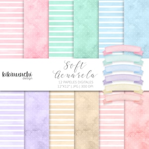 Pastel Watercolor Digital Papers, 12 papers 12&quot;x12&quot;, Printable Watercolor Papers, Watercolor Backgrounds for Projects