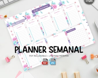 Floral weekly planner – printable A4 and US Letter + fillable PDF English and Spanish version