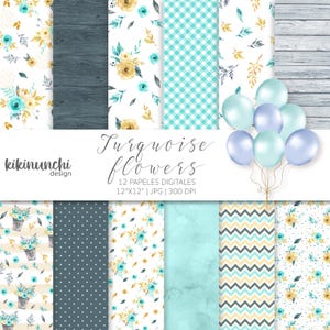 Floral Digital Papers in Turquoise Tones, High Quality Papers, Scrapbook Paper, Fun Floral Papers, Turquoise Shabby Chic