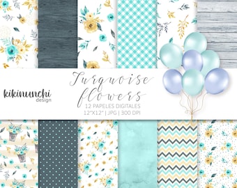 Floral Digital Papers in Turquoise Tones, High Quality Papers, Scrapbook Paper, Fun Floral Papers, Turquoise Shabby Chic