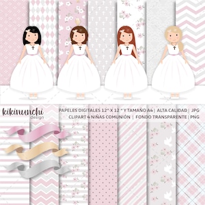 Papeles Digitales Cristianos y clipart niñas de comunion, niña con vestido de Primera Comunión, Papel de Iglesia, clipart religiosos