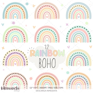 Puede incluir: Doce ilustraciones de arcoíris coloridos con un tema boho. Cada arcoíris tiene un esquema de color diferente y está decorado con pequeños corazones negros. El texto "12 RAINBOW BOHO" está escrito en forma de nube.