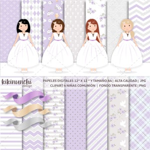 Papeles Digitales Cristianos y clipart niñas de comunion, niña con vestido de Primera Comunión, Papel de Iglesia, clipart religiosos