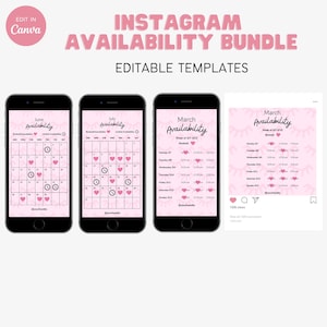 Op de afbeelding: Drie roze en witte Instagram-story-sjablonen voor het plannen van afspraken. De sjablonen bevatten een kalender met harten en klokken, en een wekelijks beschikbaarheidsschema met harten. De tekst op de sjablonen luidt "Juni Beschikbaarheid", "Juli Beschikbaarheid" en "Maart Beschikbaarheid".