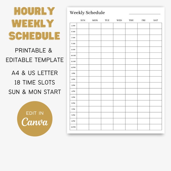 Hourly Weekly Schedule Canva Template, Printable, organize, scheduling, organization, planner, calendar, dates, event, plan, time management