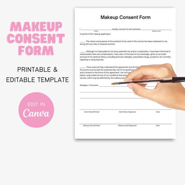 Makeup Consent Form Template | Printable, canva, makeup artist, esthetician, makeup, beauty, cosmetics, business, forms