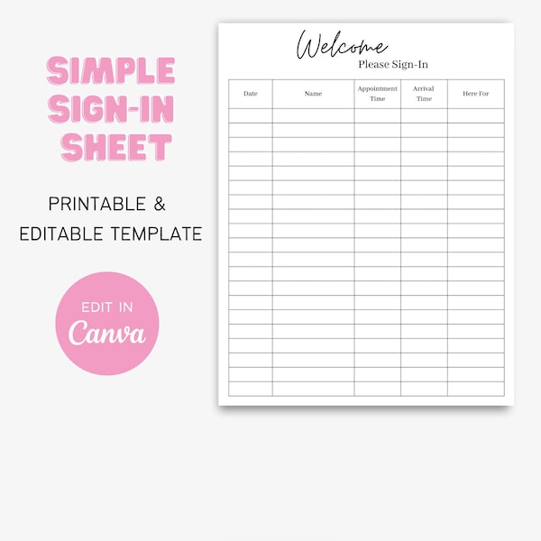 Simple Sign-In Sheet Template | Printable, canva, salon, esthetician, beauty, business, lash extensions