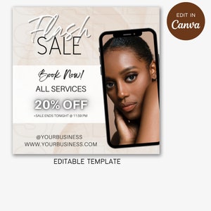 Flash Sale Instagram Flyer Canva Template | lash tech, business, esthetician, hair, makeup, bookings, book now, schedule, lashes, services
