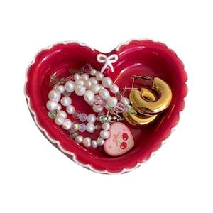 Red Coquette Ceramic Heart Jewelry Dish | Handmade Trinket Dish | Cottagecore Vanity Home Decor