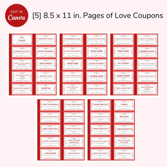 Love Coupons Digital Template Printable Anniversary Gifts, Sweet, for Him,  for Her, Last Minute Gift, Editable 