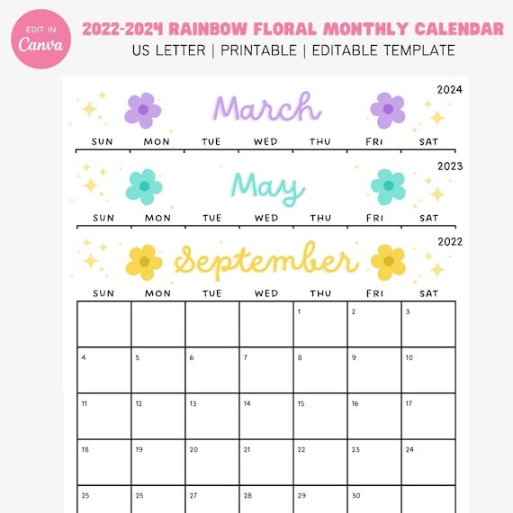 Modèle Canva de calendrier mensuel floral arc-en-ciel 2022 2023 2024  Imprimable Calendrier De Bureau Mignon Organisation Planificateur Mural  Calendrier Annuel - Etsy France
