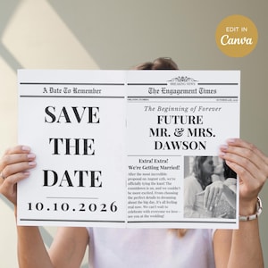 Folded Engagement Save the Date Newspaper Template | Canva Invitation for Engagement Photo shoot | Custom Editable Engagement Announcement