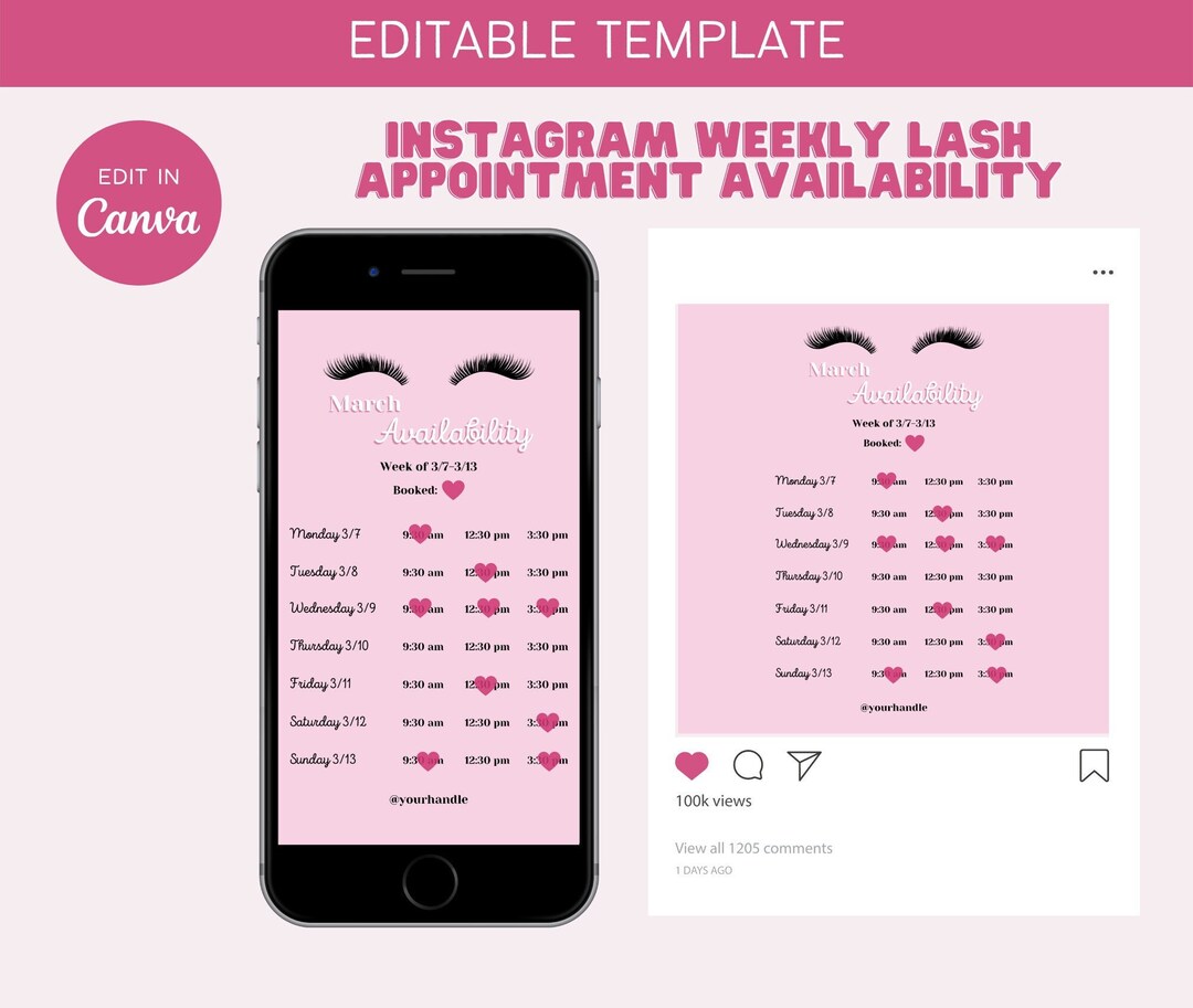 Weekly Lash Appointment Availability Canva Template | Tech, Business ...