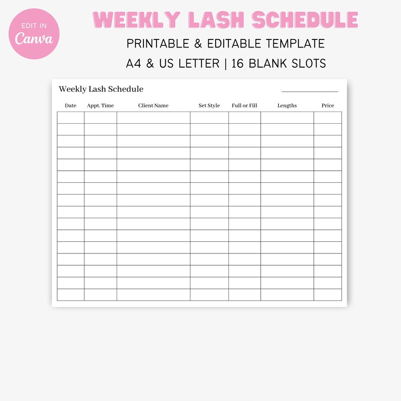 Weekly Lash Tech Schedule Canva Template Printable Lashes Etsy Ireland