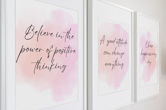 Printable Wall Art Set of 3, Office Décor Wall art, Inspirational Quote, Pink Watercolor, Positive Attitude, Modern Office Art, Motivation