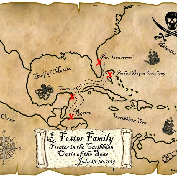 PIRATE MAP Personalized Cruise door magnet, Carnival, Royal Caribbean, Norwegian, MSC, Celebrity, Disney for your stateroom!