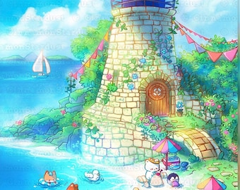 Lighthouse Beach Party | Art Print | Kawaii Art Print | Kawaii Illustration | Cute Illustration | Cute | Kawaii | Wall Art | Cute Art Prints
