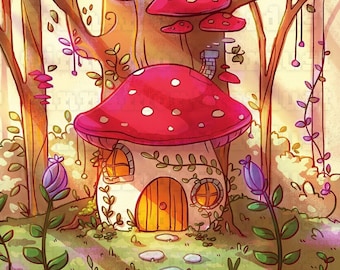 Mushroom Cottage Art Print | Mushroom House | Cottage Core