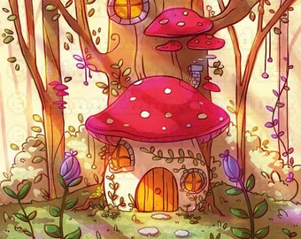 Mushroom Cottage Art Print | Mushroom House | Cottage Core