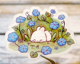 Glittery Sticker | Bunny in Morning Glories | Rabbit Sticker | Cute Bunny Sticker | Large Sticker